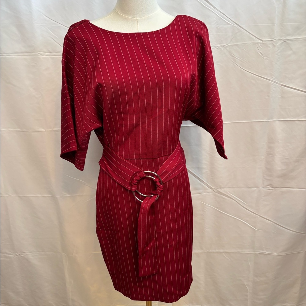 Olive Scent Red Pinstripe Open Back Dress Size S Belted Sheath‎ NWT